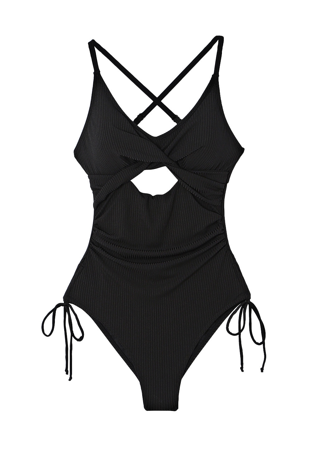 Black Ribbed Sexy Cutout One Piece Swimsuit