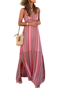 Red Halter Boho Print Side Slits Maxi Dress