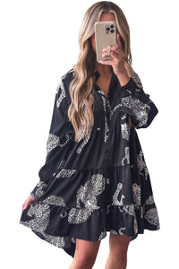 Black Leopard Print Shirt Mini Tiered Dress