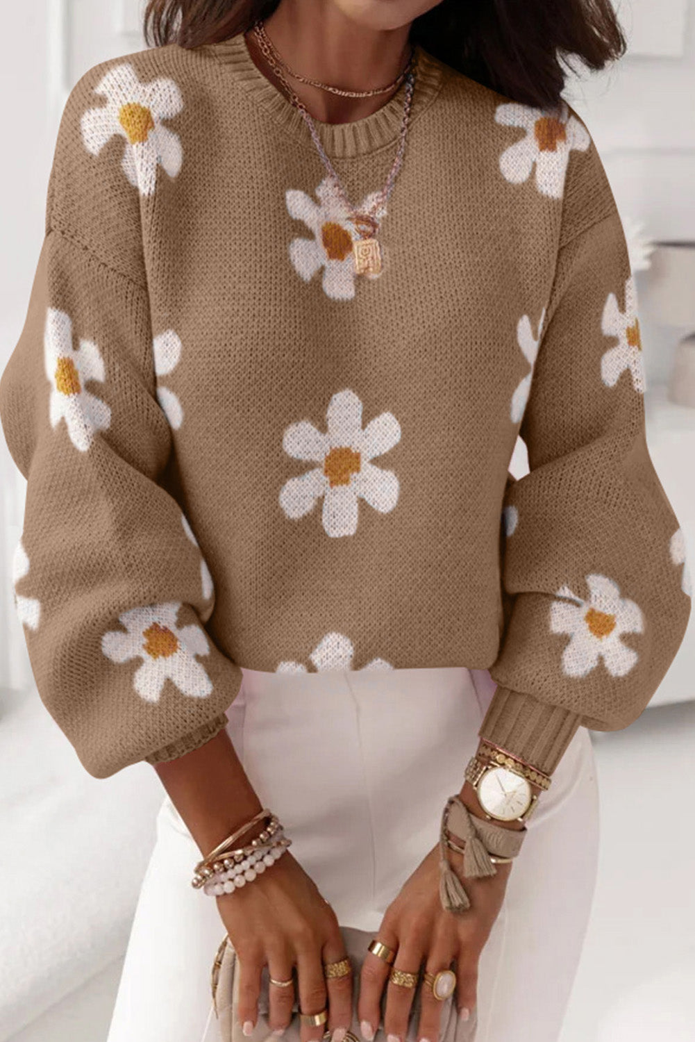 Apricot Floral Pattern Drop Shoulder Pullover Knit Sweater