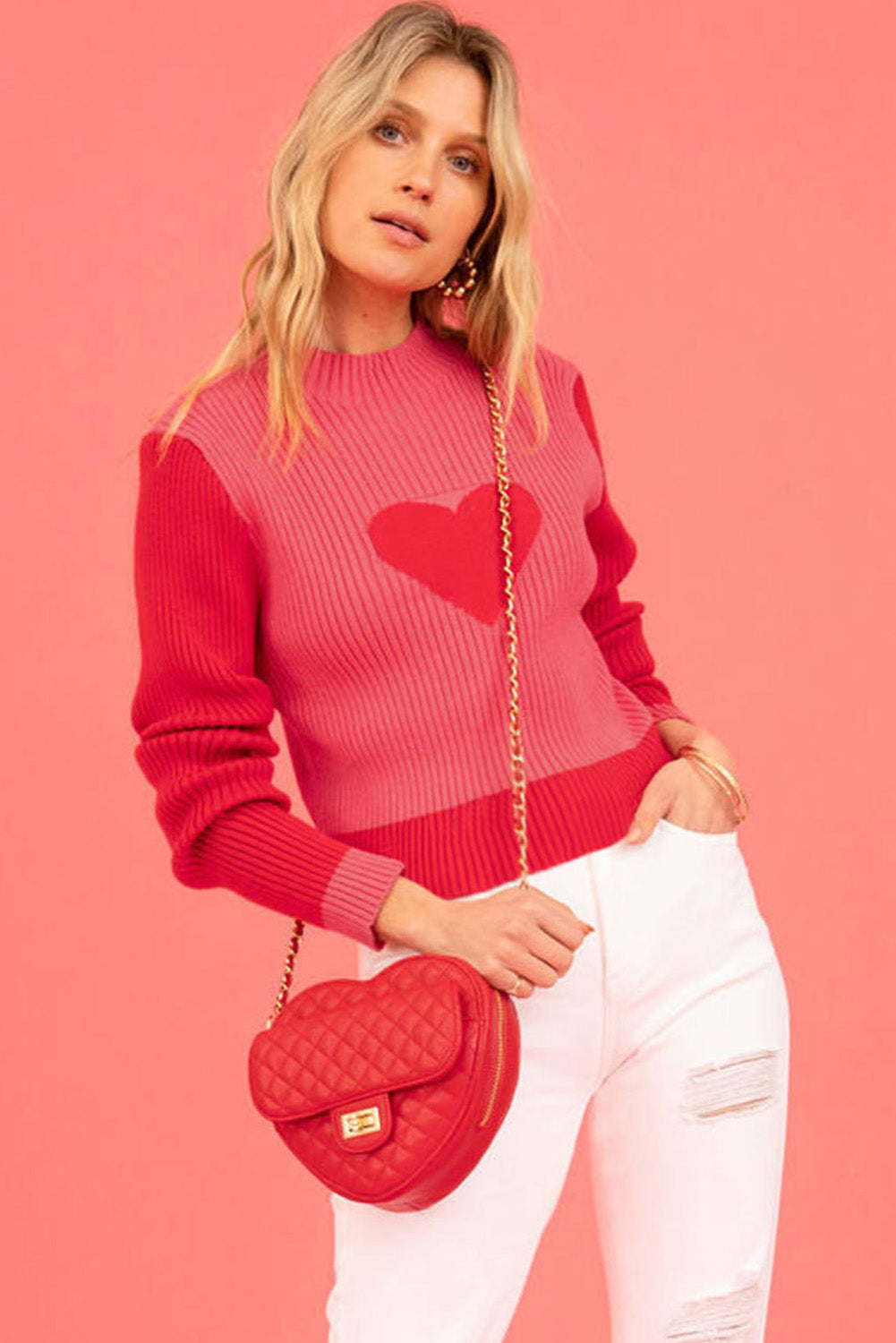 Bright Pink Valentine Colorblock Heart Print Ribbed Sweater