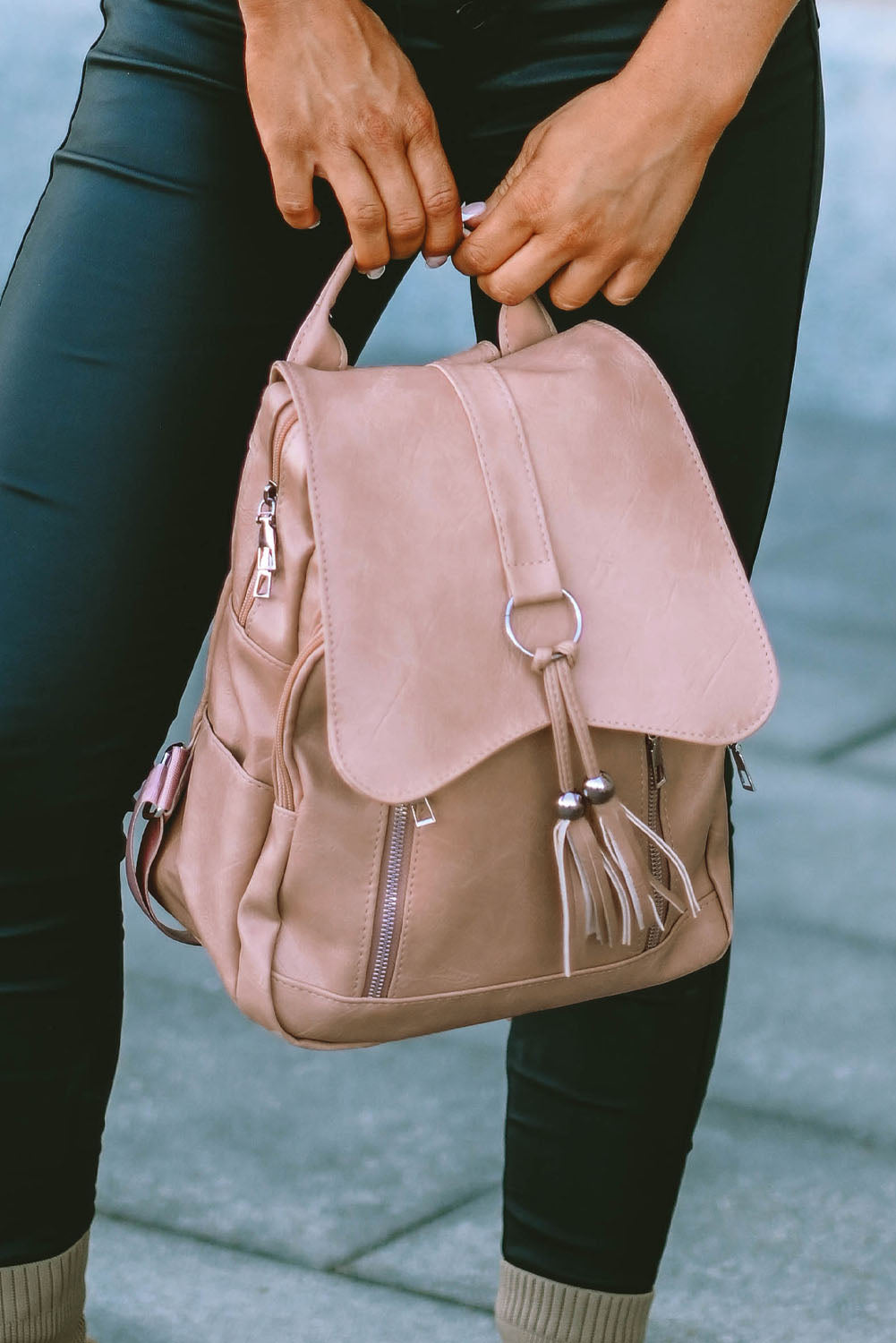 Pink Casual Multifunctional Flap Faux Leather Backpack