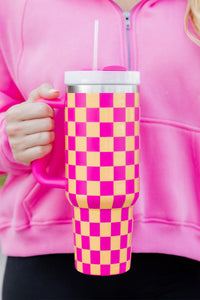 Ginger Pink Checkered Print Handled Stainless Steel Tumbler Cup