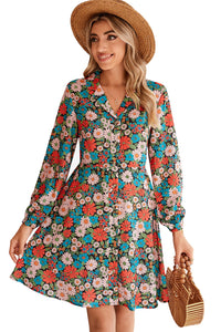 Multicolour Vibrant Floral Print Lapel Collar Button Closure Shirt Dress