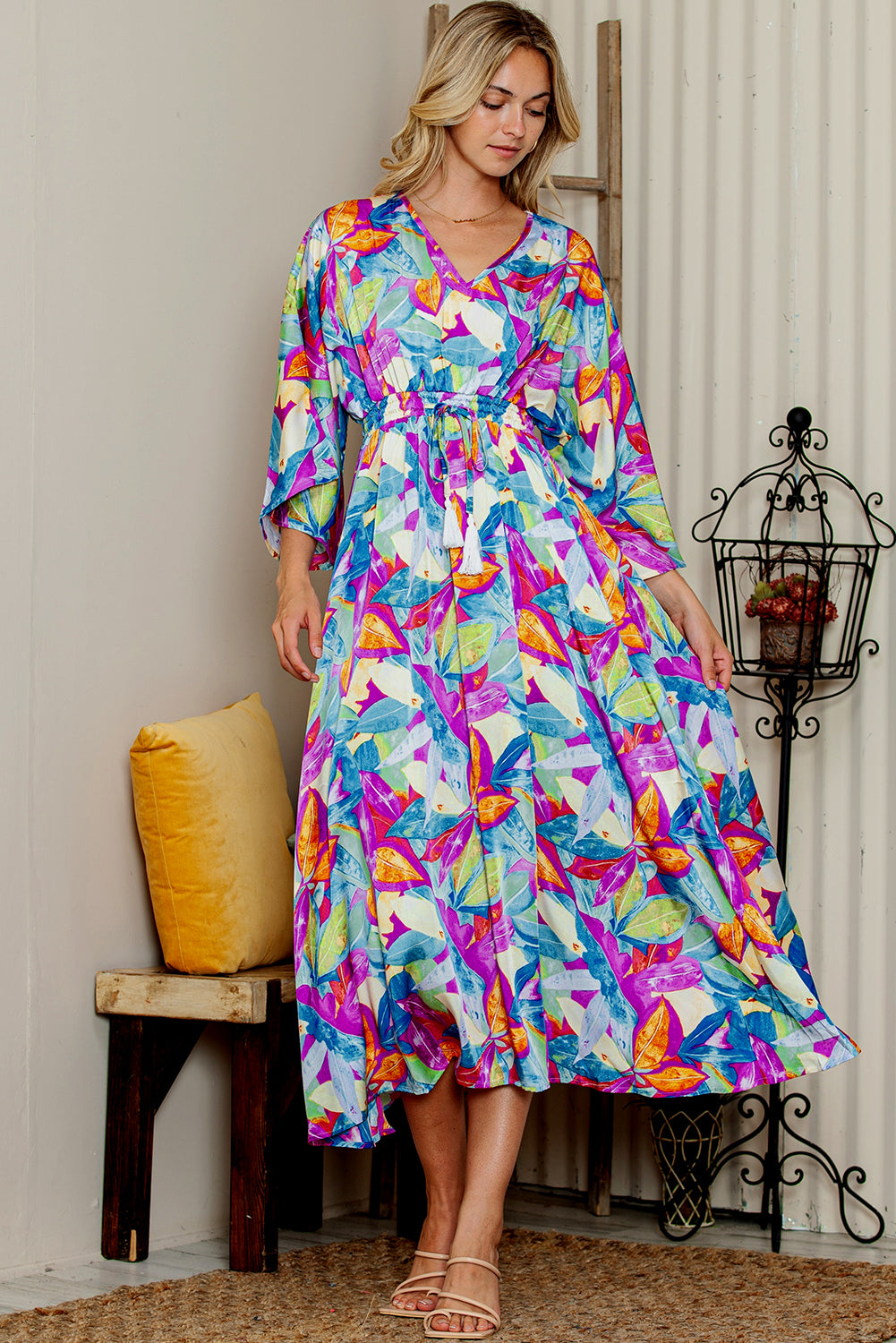 Multicolour Abstract Print High Waist V Neck Maxi Dress