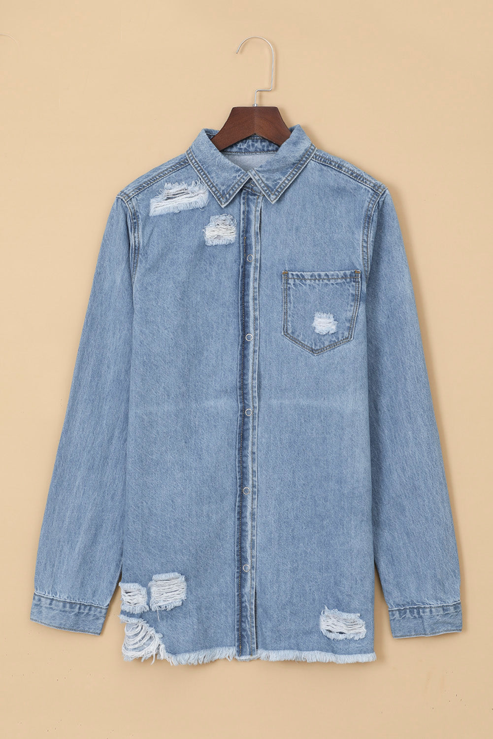 Light Blue Ripped Raw Hem Casual Button Up Denim Shacket