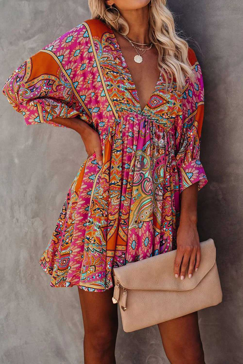 Multicolor Sexy Plunge Neckline 3/4 Sleeve Tie Back Boho Dress