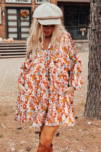 Orange Boho Floral Print V Neck Pocketed Mini Dress