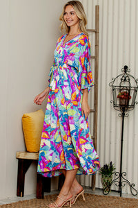 Multicolour Abstract Print High Waist V Neck Maxi Dress