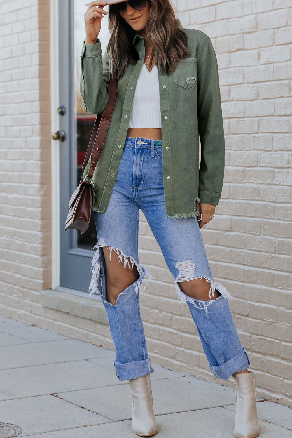 Light Blue Ripped Raw Hem Casual Button Up Denim Shacket