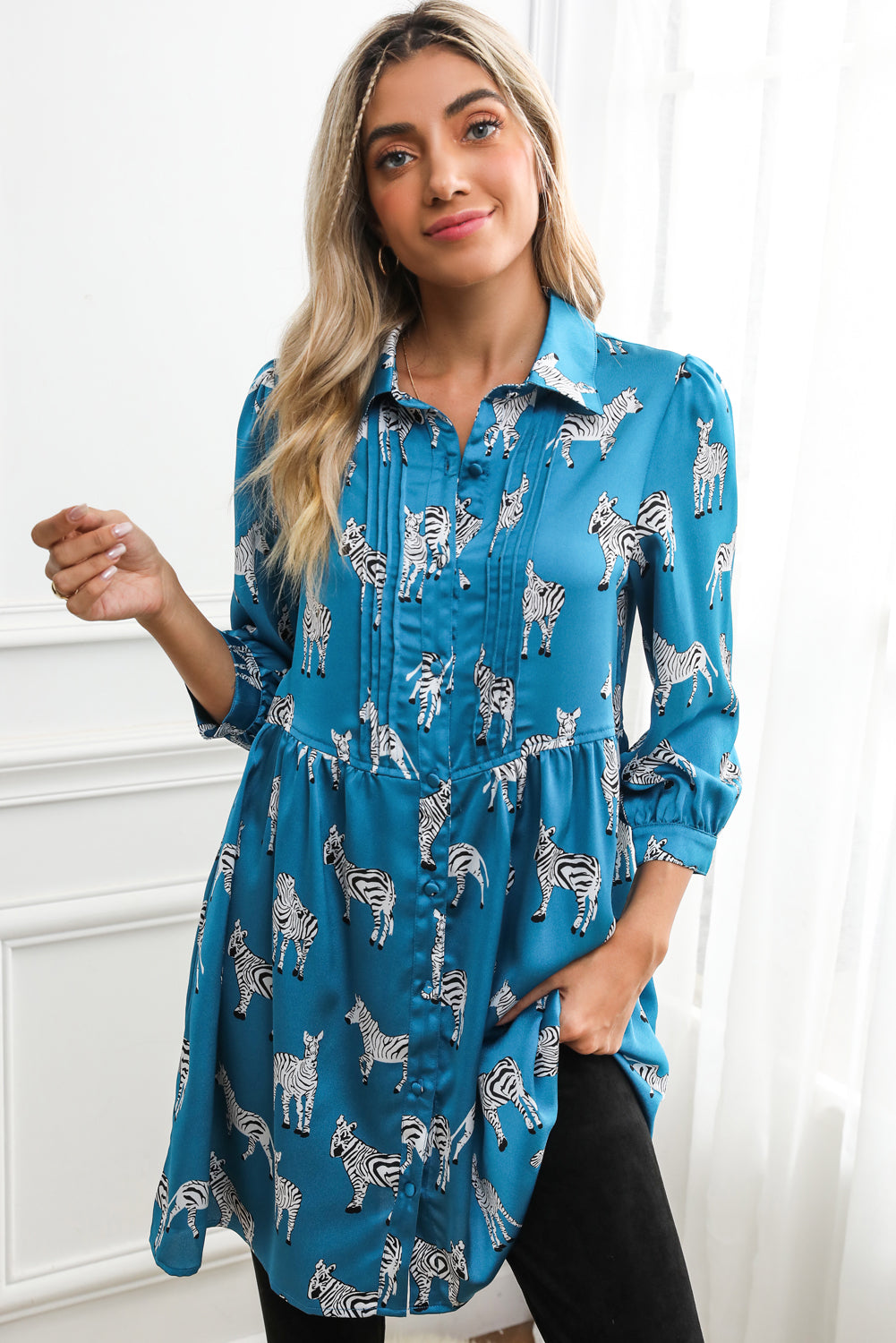 Blue Zebra Print Ruched Babydoll Dress