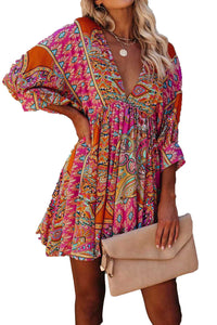 Multicolor Sexy Plunge Neckline 3/4 Sleeve Tie Back Boho Dress