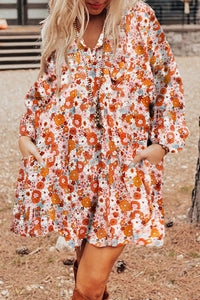 Orange Boho Floral Print V Neck Pocketed Mini Dress