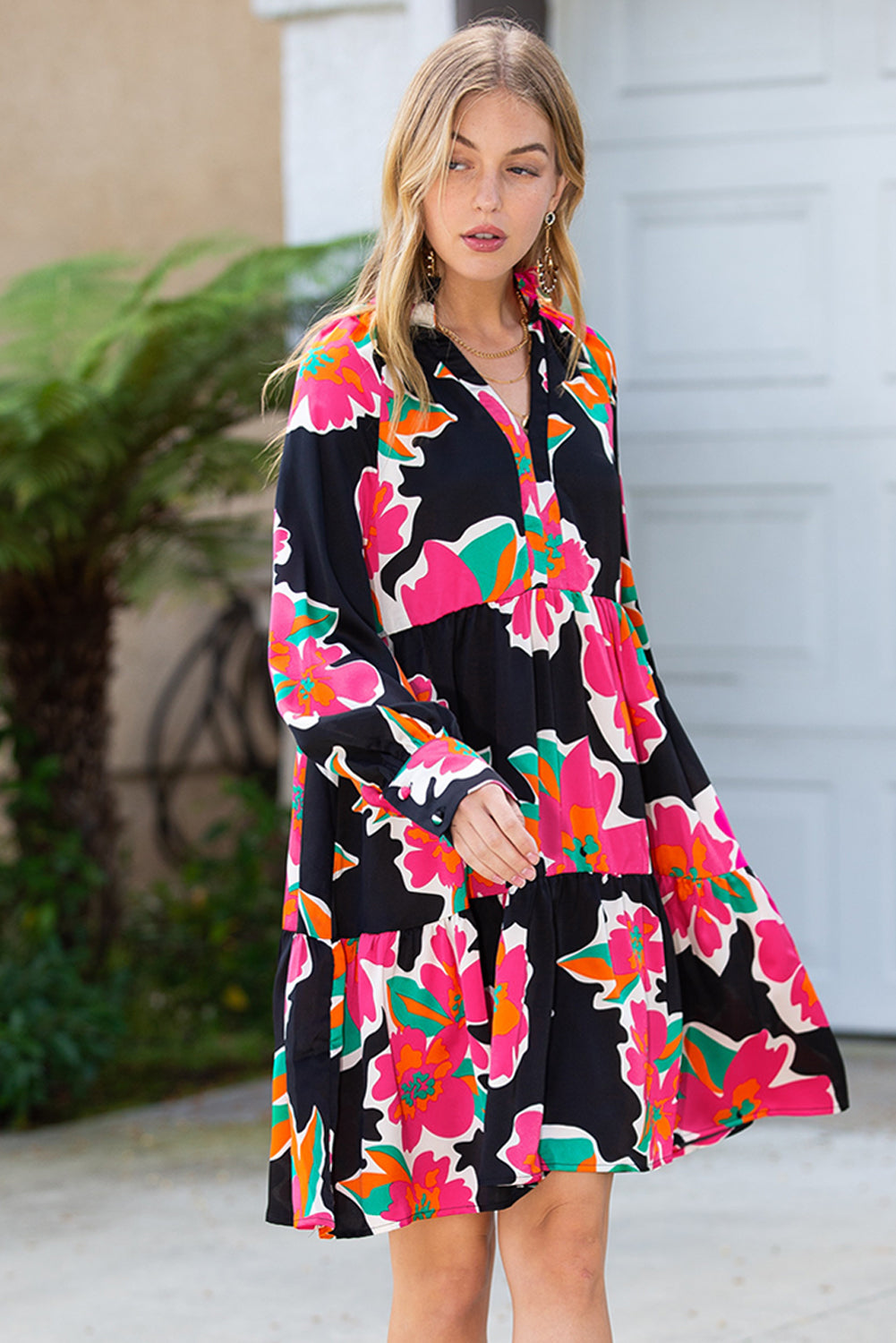 Multicolor Floral Print V Neck Tiered Mini Dress