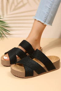 Beige Woven Criss Cross Strap Platform Slip-on Sandals