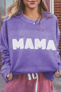 Purple MAMA Ribbed Crew Neck Pullover Sweatshirt