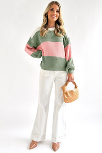 Pink Colorblock Drop Shoulder Pullover Loose Sweater