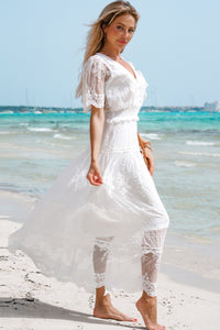 White Elegant Crochet Contrast Lace Maxi Dress