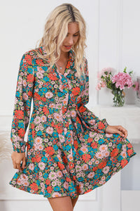 Multicolour Vibrant Floral Print Lapel Collar Button Closure Shirt Dress