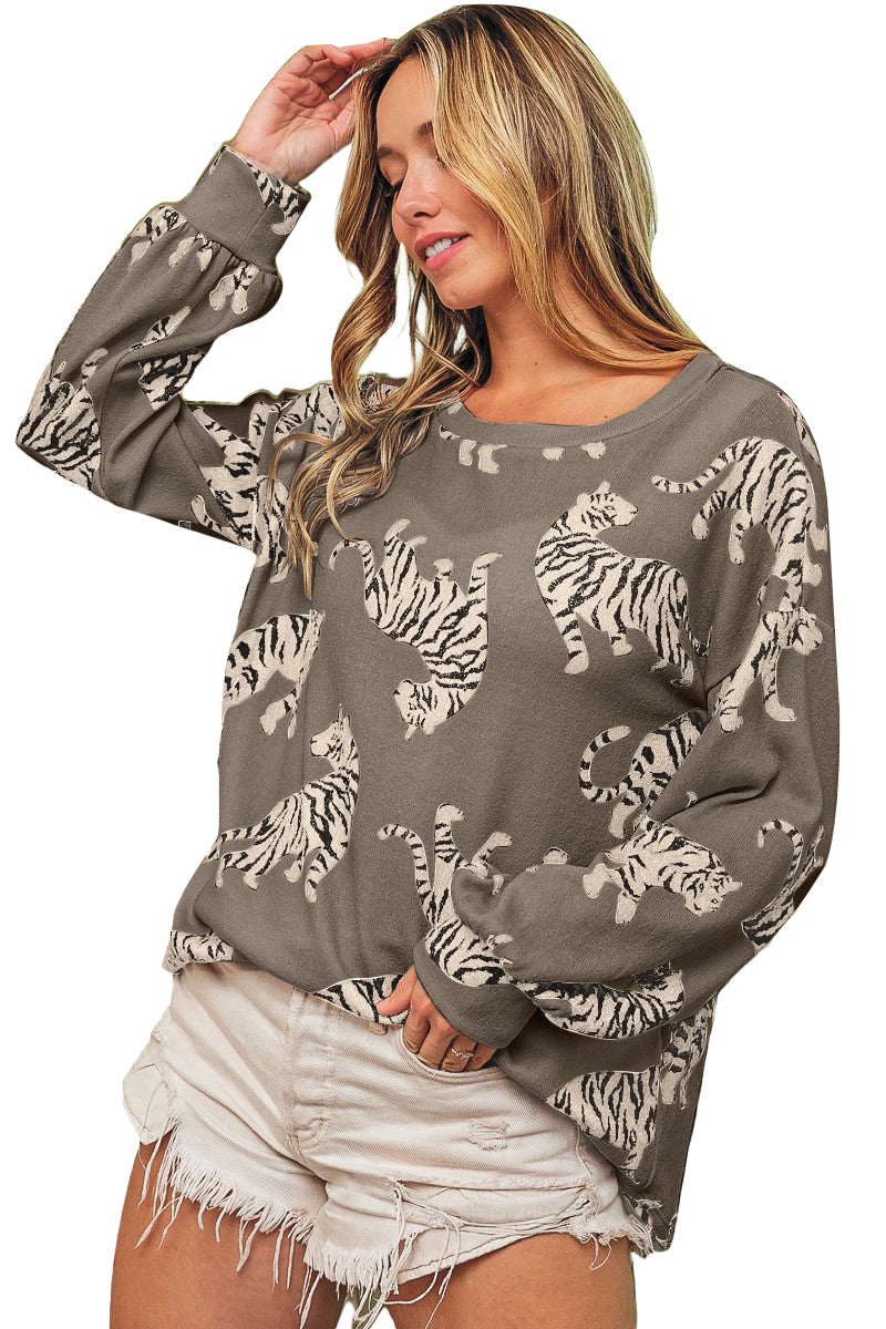 Animal Print Drop Sleeve Pullover Sweatshirt