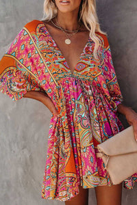 Multicolor Sexy Plunge Neckline 3/4 Sleeve Tie Back Boho Dress