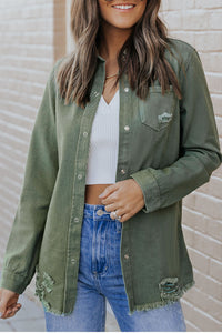 Light Blue Ripped Raw Hem Casual Button Up Denim Shacket