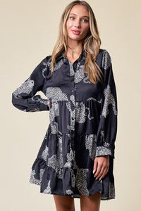 Black Leopard Print Shirt Mini Tiered Dress