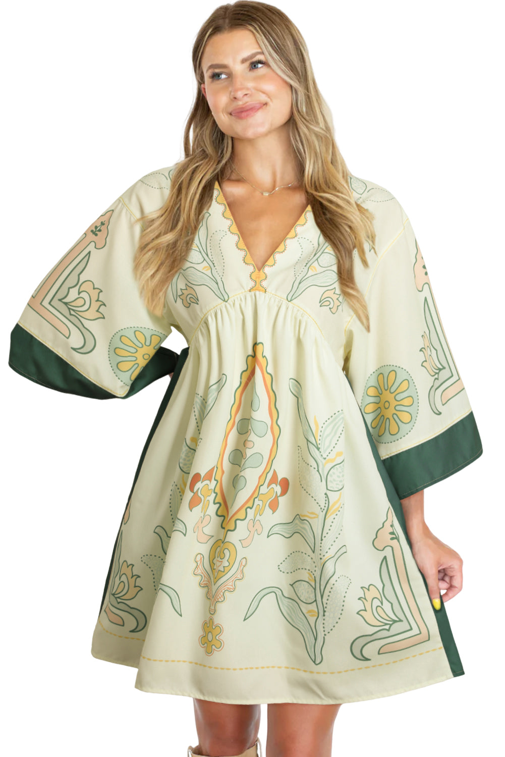 Multicolor Boho Floral V Neck Bell Sleeve Dress