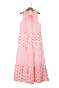 Pink Abstract Sleeveless V Neck Summer Tiered Dress