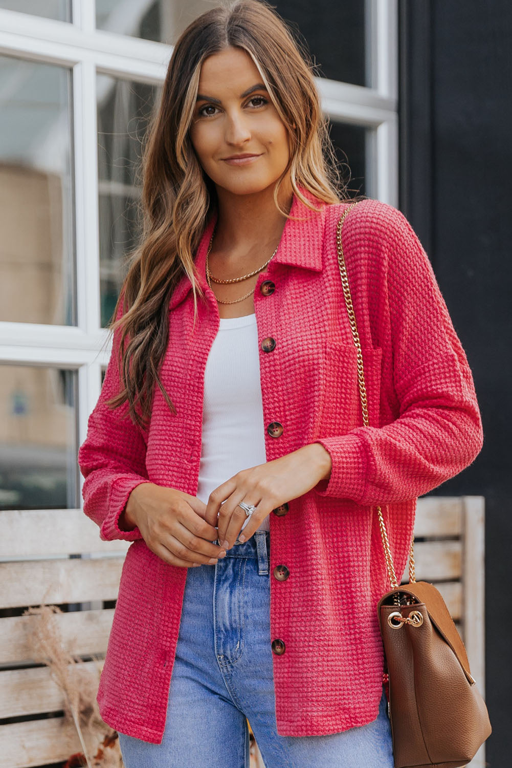 Hot Pink Pocket Buttons Front Waffle Knit Shacket