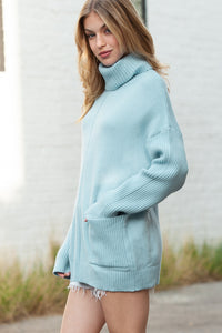 Blue Pockets Turtleneck Ribbed Oversized Sweater