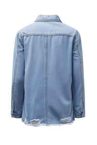 Light Blue Ripped Raw Hem Casual Button Up Denim Shacket