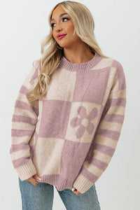 Pink Checkered and Striped Knitted Pullover Sweater