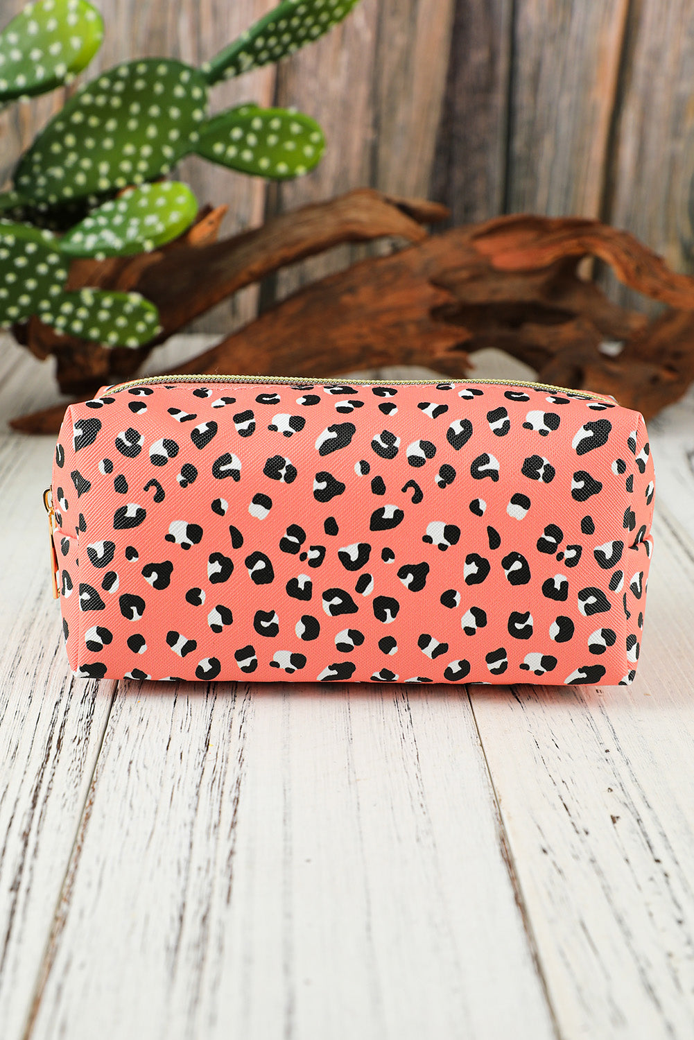 Pink 19*8*9cm Leopard Print Zipped Cosmetic Storage Bag