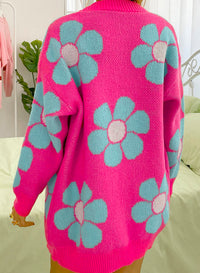 Pink Floral Pattern Drop Shoulder Button Up Cardigan