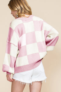 Pink Checked Bishop Sleeve Pullover Sweater