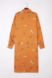 Yellow Animal Print Button-Up Split Maxi Shirt Dress