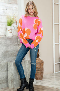 Pink & Orange Floral Cable Knitted Sweater