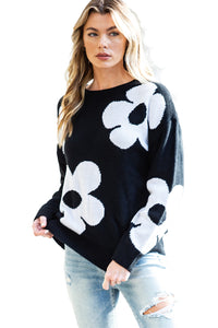 Black Flower Pattern Ribbed Trim Knit Round Neck Sweater