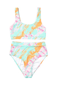 Light Blue Abstract Print High Waist Bikini Swimsuit