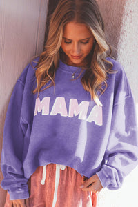 Purple MAMA Ribbed Crew Neck Pullover Sweatshirt