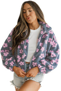 Multicolor Flower Print Zip Up Sherpa Jacket