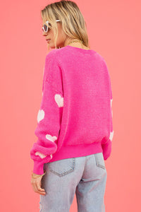 Bright Pink Fuzzy Valentine Hearts Drop Shoulder Sweater