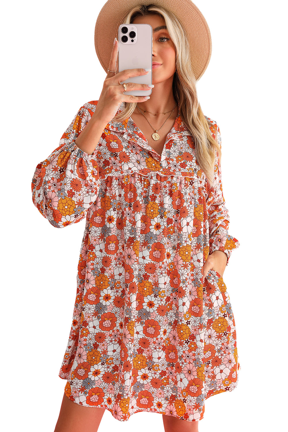 Orange Boho Floral Print V Neck Pocketed Mini Dress