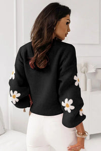 Apricot Floral Pattern Drop Shoulder Pullover Knit Sweater