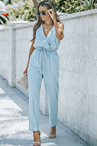 Light Blue Casual Pocketed Sleeveless Belted Waist Jumpsuit