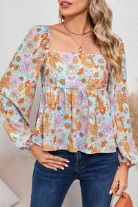 Orange Floral Square Neck Puff Sleeve Babydoll Blouse