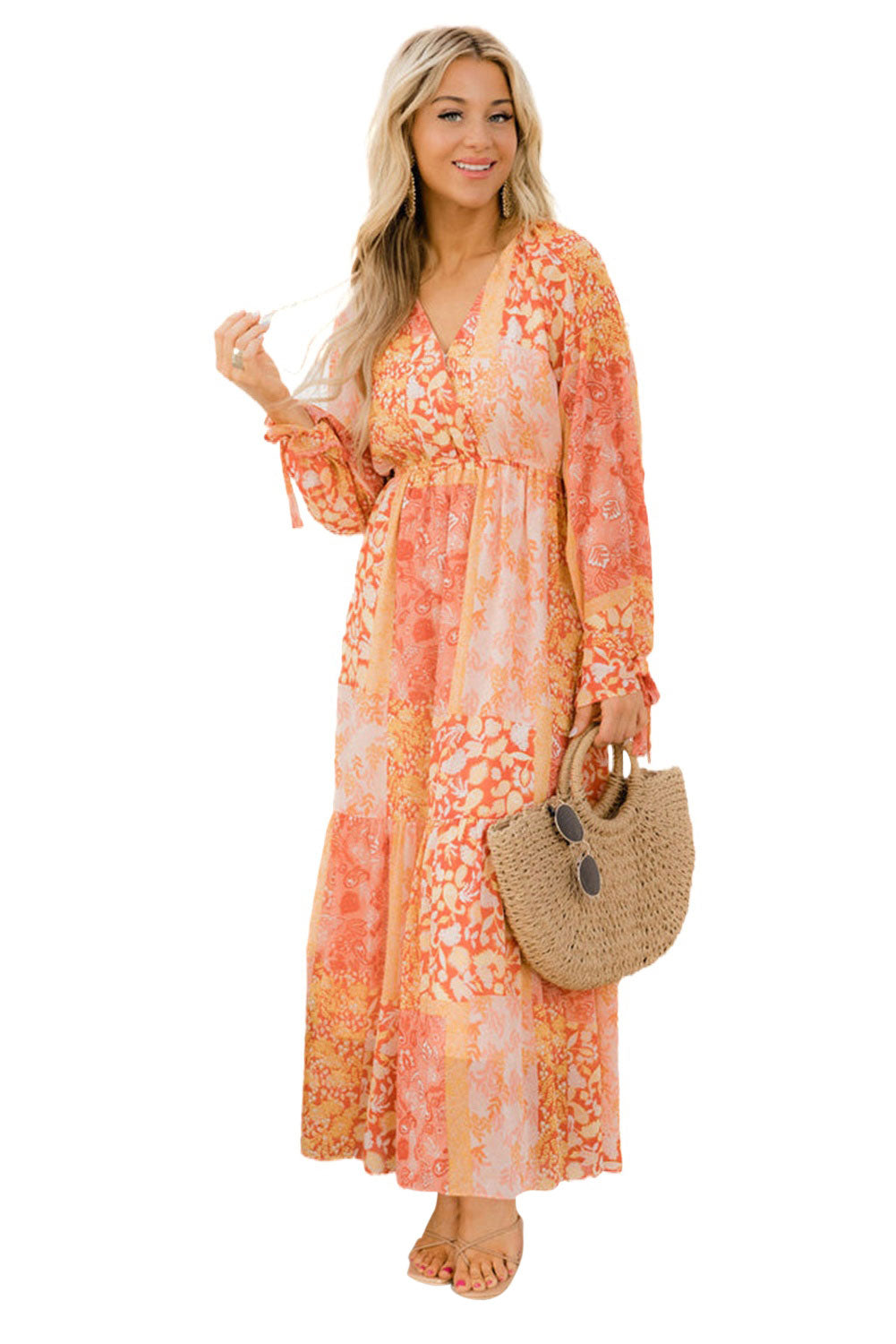 Orange Boho Floral Wrap V Neck Tie Long Sleeve Dress