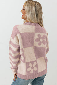 Pink Checkered and Striped Knitted Pullover Sweater