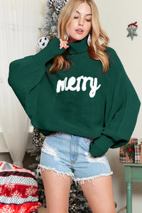 Red Turtle Neck Batwing Sleeve Merry Christmas Sweater